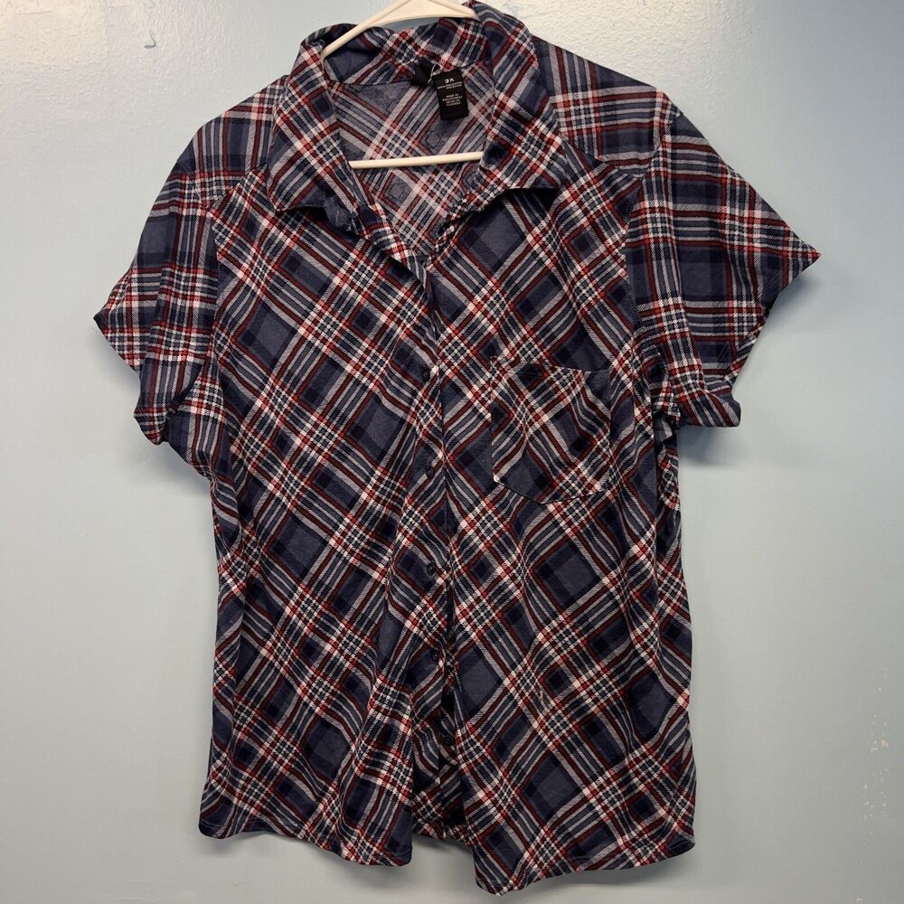 Kristin Nicole Womens 3x Top Blue And Red Plaid Short Sleeve Button Up